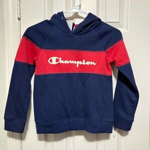 Champion Kids Color Block Navy Blue and Red with white word logo hoodie/Size: 7
